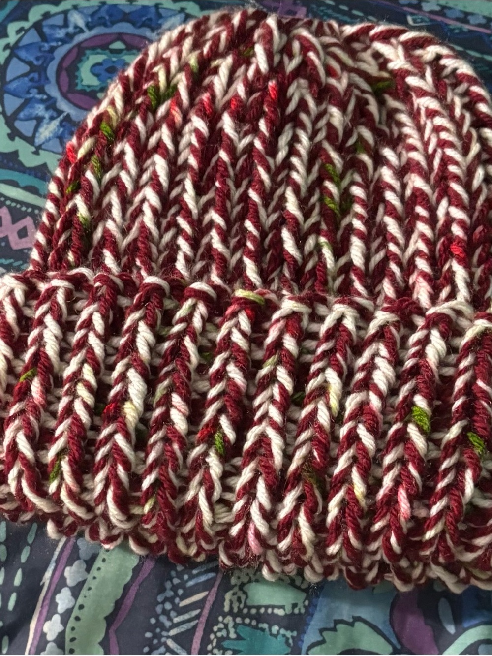 Hand-Knit Marled Beanie in Red and Cream